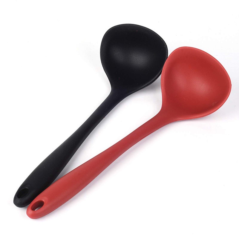W WBLD Silicone Ladle Soup Spoon Set of 2, Nonstick Heat Resistant Long Handle Unbreakable Big Round Scoop for Home Kitchen Cooking,Red and Black - Image 1